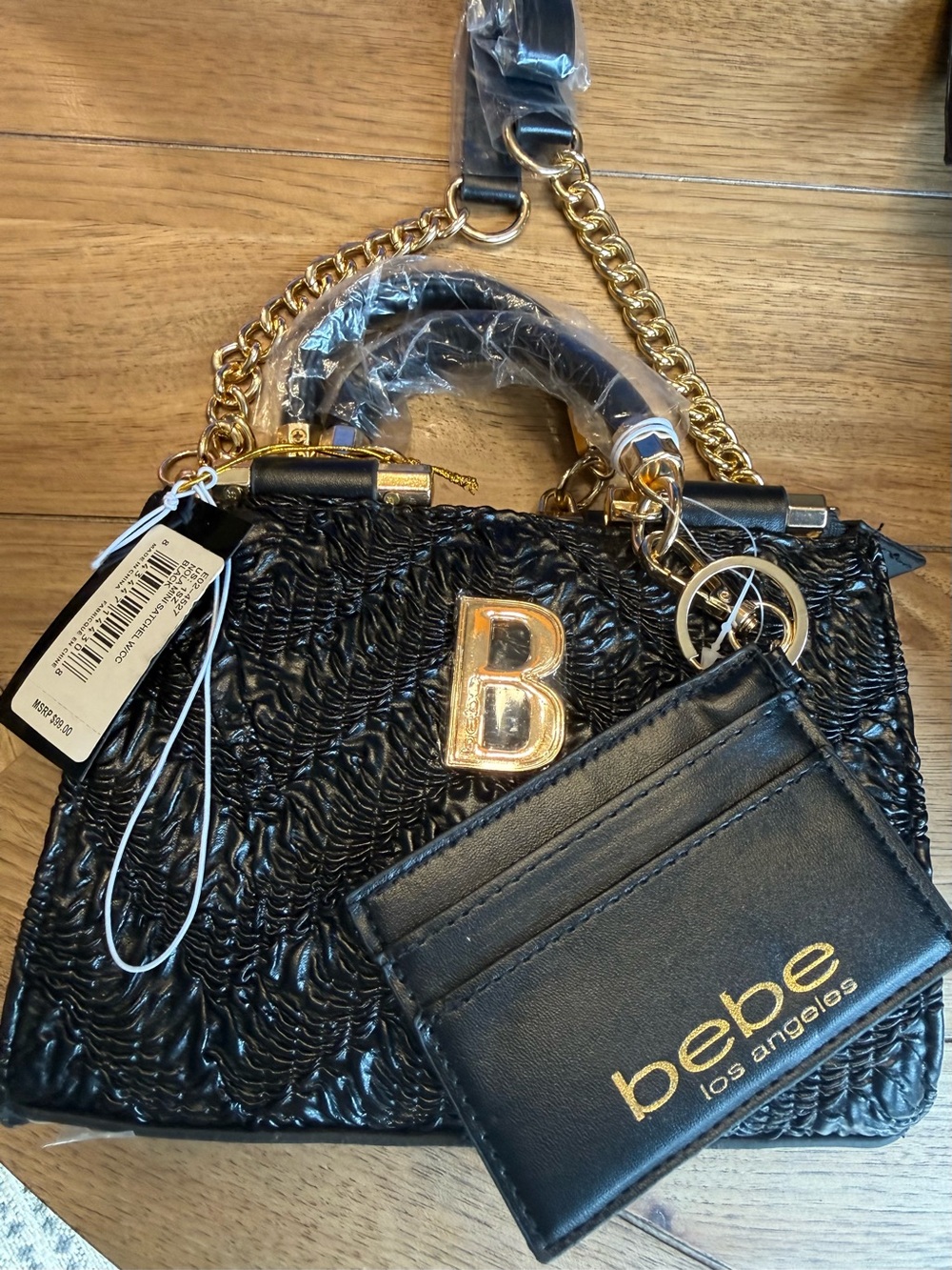 bebe Black Quilted Mini Satchel with Gold Accents and Card Holder